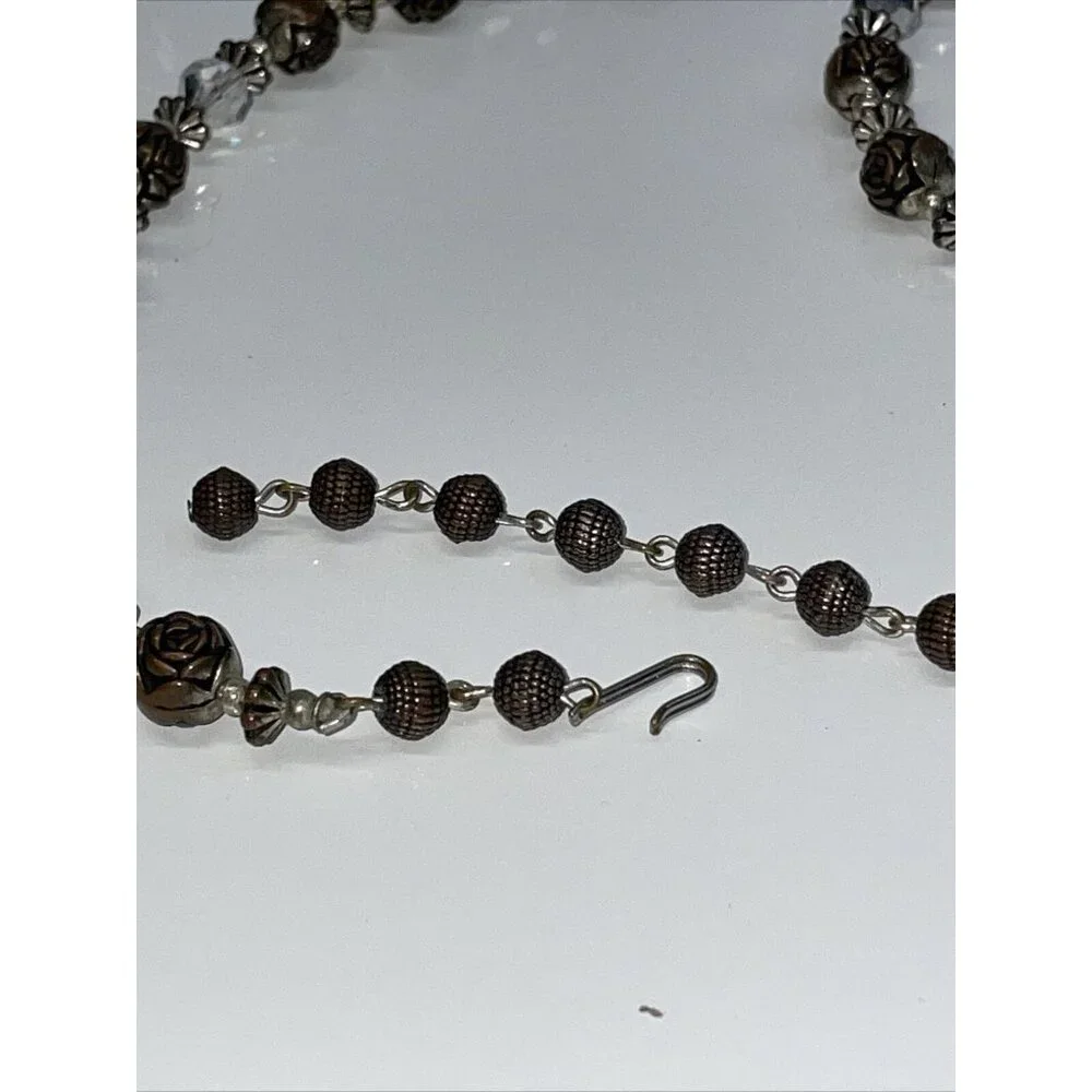 Vintage Brass Rose Pendant Necklace With Plastic Beaded Roses Filigree Stunning!